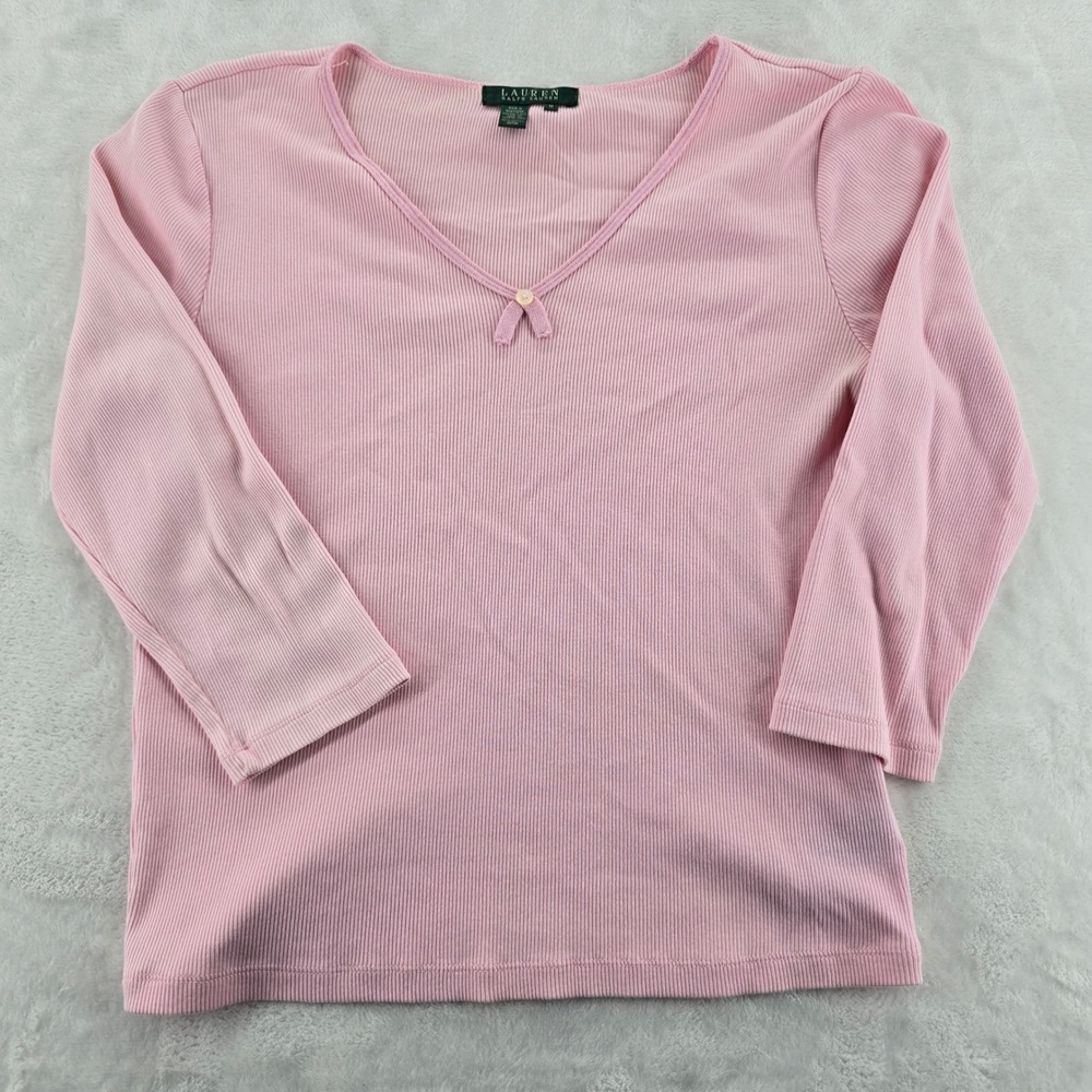 Lauren Ralph Lauren Top Medium Pink Ribbed V-Neck 3/4 Sleeve Cotton Knit